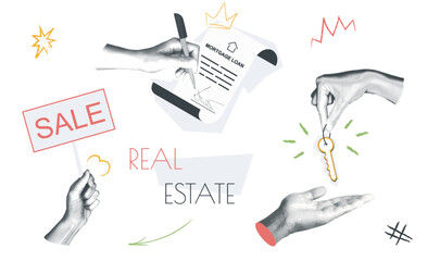Aufkleber - Real estate vintage collage conception set in retro halftone design. Collection with hands holds sale banner, signs mortgage loan document, buys apartment or house and gets key. Vector illustration.