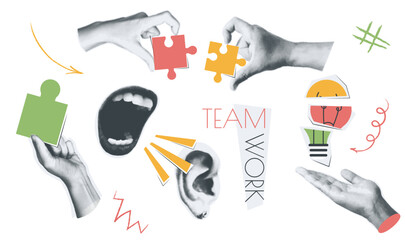 Wall Mural - Teamwork vintage collage conception set in retro halftone design. Collection with hands holding puzzle pieces, generating light bulb idea, open mouth shouting to colleague ear. Vector illustration.