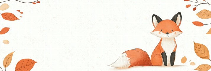 Poster - Colorful illustrated fox resting peacefully among minimalist autumn leaves in a playful forest setting. Generative AI