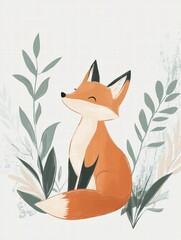 Poster - Illustrated fox sitting calmly among soft minimalist leaves in a tranquil setting. Generative AI