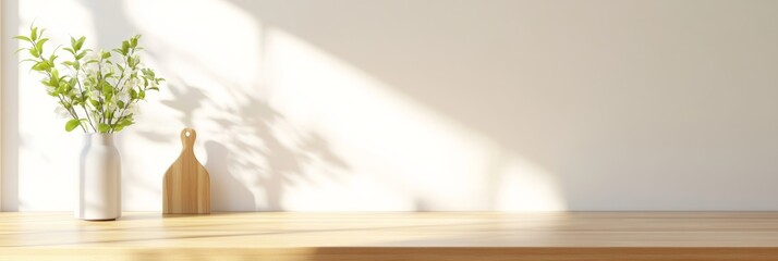 Fototapete - Sunlight streams into a minimalist kitchen, illuminating a wooden counter holding a vase of white flowers and a small cutting board, creating a serene and inviting atmosphere