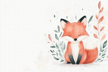 Poster - Illustrated fox sitting among soft leaves in a tranquil setting. Generative AI