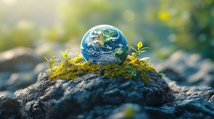 Poster - A 3D Earth model placed on a rugged rock formation beside a vibrant river with a blurred bright light tone creating a sense of chaos and dynamic energy
