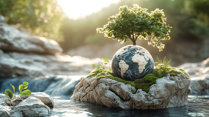 Poster - A 3D Earth model placed on a rugged rock formation beside a vibrant river with a blurred bright light tone creating a sense of chaos and dynamic energy
