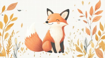 Poster - Illustrated fox sitting among leaves in a tranquil and minimalist setting showcasing natures beauty. Generative AI