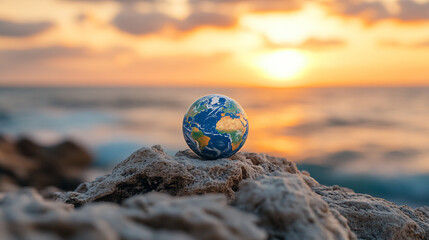 Poster - A 3D Earth model placed on a rugged rock formation beside a vibrant river with a blurred bright light tone creating a sense of chaos and dynamic energy
