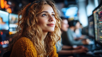 Young caucasian female programmer in a modern tech workspace