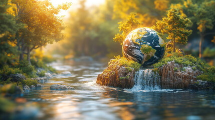 Poster - A 3D Earth model placed on a rugged rock formation beside a vibrant river with a blurred bright light tone creating a sense of chaos and dynamic energy
