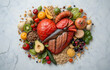 © Sajeduil - Background healthy food for heart. Fresh fruits, vegetables, fish, meat, berries and cereals. Healthy food, diet and healthy life concept. Top view