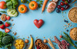 © Sajeduil - Background healthy food for heart. Fresh fruits, vegetables, fish, meat, berries and cereals. Healthy food, diet and healthy life concept. Top view