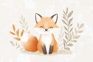 Poster - Charming illustrated fox sitting contentedly among soft, minimalist leaves in a serene and playful arrangement. Generative AI