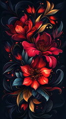 Wall Mural - The image is a vibrant, abstract digital painting featuring a lush arrangement of red and orange flowers with intricate, swirling leaves and tendrils