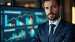 © Ernesto - Portrait of a business consultant in a tailored suit, blurred graphs in background. Confident, visionary expression reflects expertise. No hands shown.