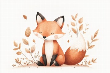 Poster - Illustrated fox happily sitting among minimalist leaves with a cheerful expression in a serene nature setting. Generative AI