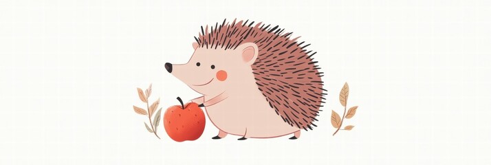 Poster - Illustrated hedgehog with a bright red apple on its back enjoys a sunny day in a whimsical forest setting. Generative AI