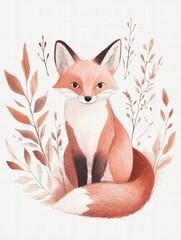 Poster - Illustrated fox sitting among minimalist leaves in a serene natural setting with a gentle color palette. Generative AI