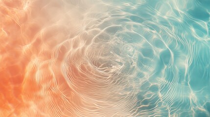 Poster - Sunlight illuminating rippling water surface with concentric circles, creating a mesmerizing abstract pattern with a gradient of orange and turquoise colors