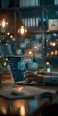 digital transformation concept showing hands typing on laptop with floating ui elements and icons, p