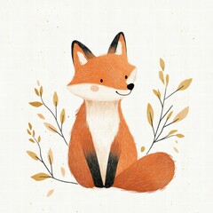 Poster - Illustrated fox character sits among minimalistic leaves in a simple design capturing playful nature and tranquility. Generative AI