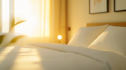 Aufkleber - Warm sunlight is illuminating a comfortable hotel room bed in the morning, creating a peaceful and inviting atmosphere for guests starting their vacation