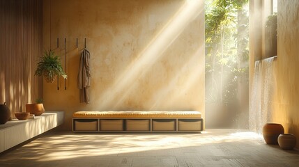 Wall Mural - Modern zen minimalist interior with sunlit waterfall and natural decor elements