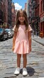 © zakir - Chic Kids’ Fashion Comes Alive — Young Girl in White Sneakers, Pink Skirt & Trendy Tee Posing Confidently on a High-End Street