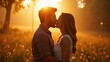 © PremiumPhoto - Golden Hour. Romantic couple kissing sunset field love relationship af