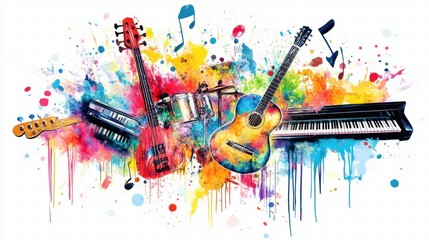 Poster - Creative explosion of musical instruments with colorful splashes and scattered notes in an artistic interpretation. Generative AI