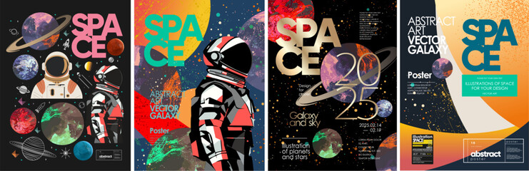 Wall Mural - futuristic vector space and astronaut illustrations with colorful planets, galaxies, and cosmic elem