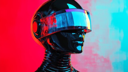 Wall Mural - A woman in a black helmet with a blue background