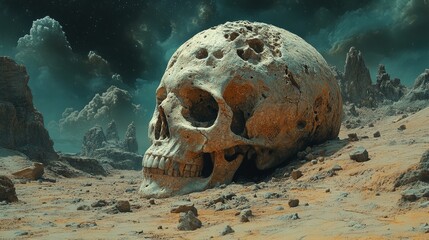 Wall Mural - A skull is laying on the ground in a desert