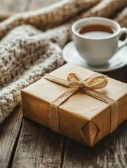 Aufkleber - Cozy setting with a book and tea inviting relaxation and enjoyment on a wooden table. Generative AI