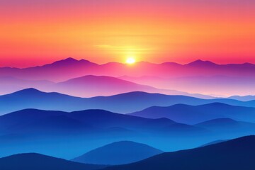 Aufkleber - Sunrise over majestic mountain peaks with vibrant colors and layers of land forming a beautiful landscape at dawn. Generative AI