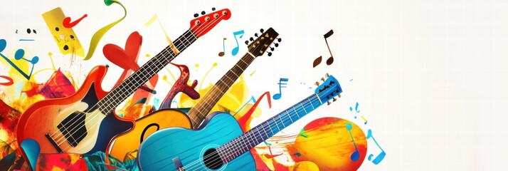 Poster - Creative harmony of guitars and pianos with vibrant notes and artistic expression. Generative AI