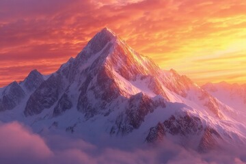 Aufkleber - Majestic mountain peaks rise against a vibrant sunrise with clouds reflecting warm colors. Generative AI