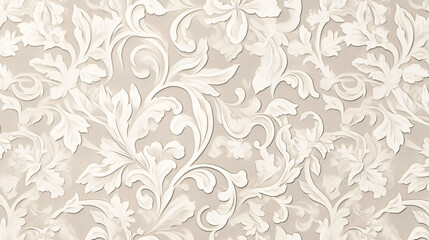Wall Mural - The image features a decorative wallpaper pattern with intricate floral designs in a white color scheme on a light gray background