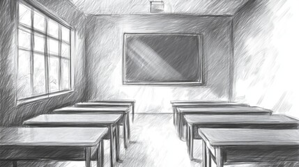 Poster - Depiction of a Classroom Without Students, Showing Desks and a Whiteboard