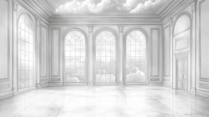 Poster - Sketch of a Refined Empty Hallway with Columns and Windows