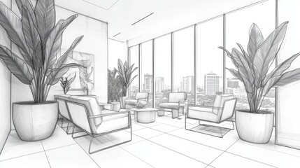 Canvas Print - Modern Waiting Area Sketch with Plants and Chairs