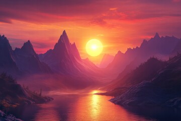 Aufkleber - Majestic mountain peaks illuminated by sunrise over a tranquil river reflecting warm colors. Generative AI