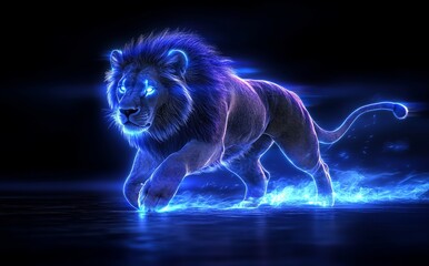 Wall Mural - A noble lion races forward, its mane blazing with dazzling purple and blue lights.