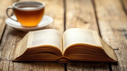Leinwandbilder - Cozy reading nook with an open book and a warm cup of tea on a rustic wooden table. Generative AI