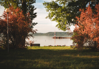 Wall Mural - View on lake Balaton in spring with bench