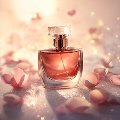 Elegant Perfume Bottle with Pink Petals and Soft Sparkling Background