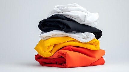 Canvas Print - Stack of neatly folded colorful clothes; white, black, yellow, and orange fabrics.