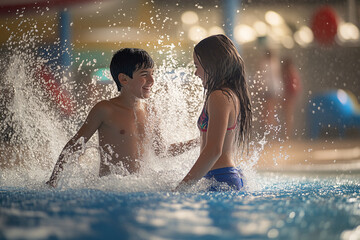 Wall Mural - Young caucasian couple at indoors inside a pool