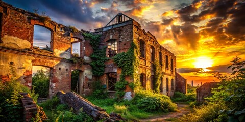 Wall Mural - Silhouette of Decaying Building at Sunset - Architectural Ruin Stock Photo