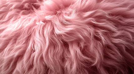 Wall Mural - A soft, textured pink fur surface viewed from above, featuring a smooth sheepskin pattern, creating a sense of warmth, comfort, and coziness with its luxurious wool texture and delicate shaggy appeara