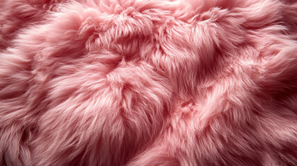 Wall Mural - A soft, textured pink fur surface viewed from above, featuring a smooth sheepskin pattern, creating a sense of warmth, comfort, and coziness with its luxurious wool texture and delicate shaggy appeara