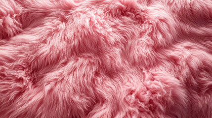 Wall Mural - A soft, textured pink fur surface viewed from above, featuring a smooth sheepskin pattern, creating a sense of warmth, comfort, and coziness with its luxurious wool texture and delicate shaggy appeara